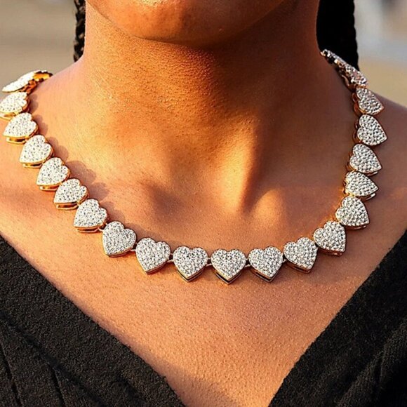 Gold Plated Heart Crystal Necklace Paved, Ice Out, Bling, Choker - Picture 2 of 14